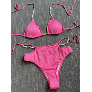 Costum de baie 2 piese cu talie inalta, decupaje laterale si perle decorative, roz neon #BB2478 - Img 7