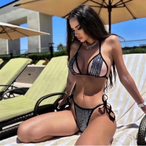 Costum de baie 2 piese metalizat cu paiete si decupaje la sutien, negru #BB2221 - Img 3