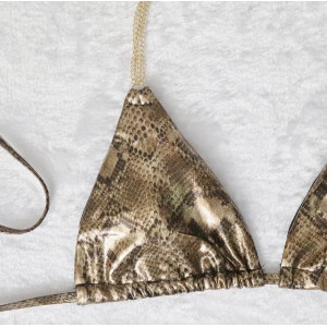 Costum de baie 2 piese metalizat, imprimeu sarpe si lanturi decorative aurii, maro/ auriu #BB2360 - Img 11