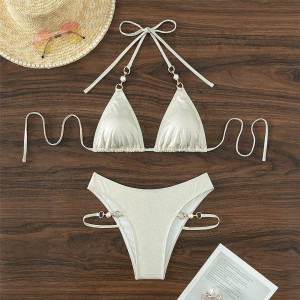 Costum de baie 2 piese sidefat cu elemente metalice si perle decorative, auriu/ nude #BB2549 - Img 7