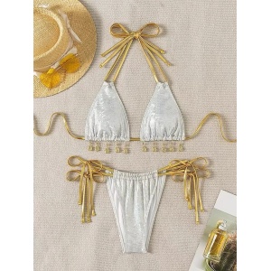 Costum de baie 2 piese sidefat cu snururi aurii decorative la slip si sutien, alb/ auriu #BB2295 - Img 2