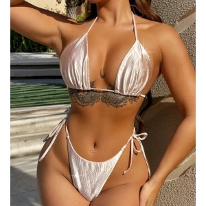 Costum de baie 2 piese sidefat texturat, slip cu snur reglabil, bej/nude #BB2531 - Img 1