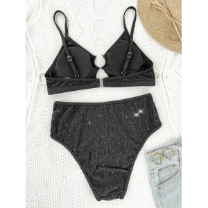 Costum de baie 2 piese texturat, cu insertii de sclipici si slip cu talie inalta, negru #BB2051 - Img 4