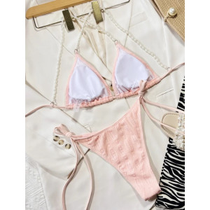 Costum de baie 2 piese texturat, cu slip reglabil si perle decorative la sutien, roz #BB2274 - Img 3