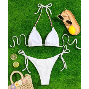 Costum de baie 2 piese texturat, cu slip reglabil si perle decorative, alb #BB2070 - Img 4