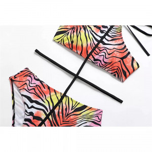 Costum de baie 2 piese unite in fata cu snur, imprimeu zebra, multicolor #BB2074 - Img 8
