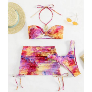 Costum de baie 3 piese cu fusta, snururi reglabile, sutien decorat cu cercuri metalice, roz/multicolor #BB2137 - Img 13
