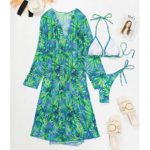 Costum de baie 3 piese cu halat de plaja, imprimeu exotic, verde/ albastru #BB2468 - Img 4