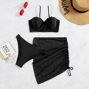 Costum de baie 3 piese cu push-up, fusta scurta cu snur reglabil, sutien cu perle decorative, negru #BB2001 - Img 3