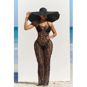 Costum de baie 3 piese cu rochie lunga crosetata, cu spatele gol, slip tanga, negru #BB2013 - Img 1