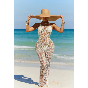 Costum de baie 3 piese cu rochie lunga crosetata, cu spatele gol, slip tanga, alb #BB2021 - Img 7