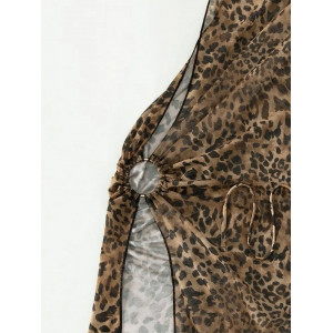 Costum de baie 3 piese cu rochie pe un umar, slip tanga, imprimeu leopard, negru/ maro #BB2300 - Img 6