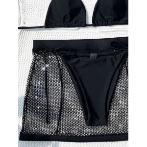 Costum de baie 3 piese, fusta cu aspect metalizat si slip reglabil, negru/ argintiu #BB2380 - Img 5