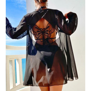 Costum de baie 3 piese, halat din voal cu decupaj la spate si fluture brodat decorativ, negru #BB2350 - Img 1