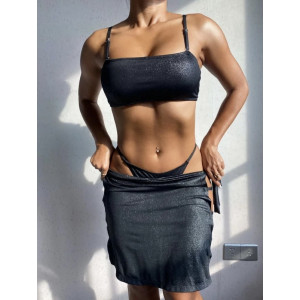 Costum de baie 3 piese metalizat, fusta cu decupaj lateral, sutien tip bustiera, negru #BB2371 - Img 3