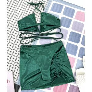 Costum de baie 3 piese satinat cu fusta scurta si slip brazilian, verde #BB2406 - Img 12