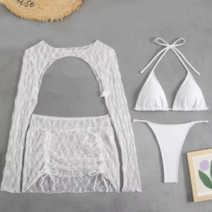 Costum de baie 4 piese cu fustă și bluză din dantelă elastică, alb #BB2095 - Img 5