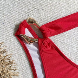 Costum de baie intreg cu decupaje și decorațiuni metalice aurii, rosu #BB1204 - Img 10