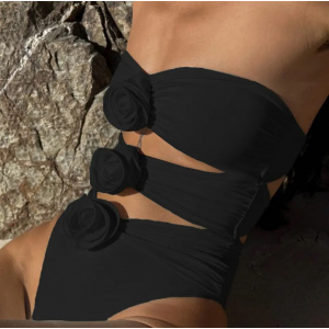 Costum de baie intreg fara bretele, cu decupaje si trandafiri decorativi, negru #BB1165 - Img 8