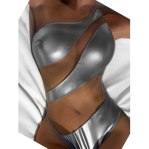 Costum de baie intreg metalizat pe un umar cu insertii de tul, argintiu #BB1136 - Img 2