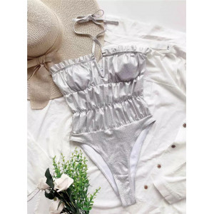 Costum de baie intreg sexy, sidefat, material texturat in partea superioara, alb #BB1037 - Img 10