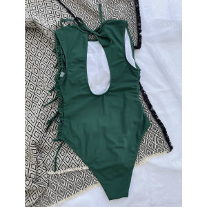Costum de baie intreg sidefat, cu snururi laterale decorative si decupaj la spate, verde #BB1032 - Img 4