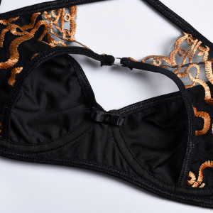 Lenjerie intima sexy, set negru cu broderie aurie, sutien, chilot si accesoriu tale cu portjartiera #BB4378 - Img 11