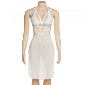 Rochie de plaja midi tricotata cu decupaje, spatele gol si crapaturi laterale, alb #BB1004 - Img 6