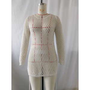 Rochie de plaja scurta tricotata, cu maneca lunga si spatele gol, alb #BB2044 - Img 3