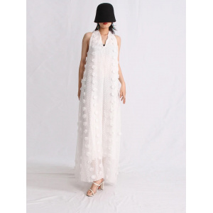 Rochie lunga de plaja vaporoasa, oversize, cu spatele gol si broderie in relief, alb #BB1022 - Img 10