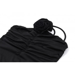 Rochie lunga sexy mulata cu trandafir decorativ detasabil, negru #BB1119 - Img 12