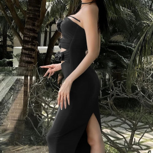Rochie midi mulata cu decupaje si trandafiri decorativi, negru #BB1076 - Img 3