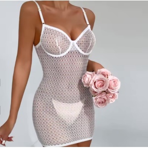 Rochie sexy de noapte din dantela elastica cu snur reglabil la spate, alb #BB4082 - Img 8