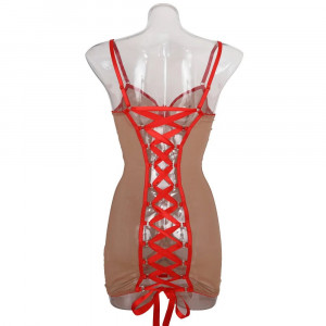 Rochie sexy de noapte din dantela fina elastica cu snur reglabil la spate, nude/rosu #BB4284 - Img 15