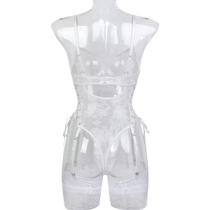 Set lenjerie intima sexy din dantela, body cu snururi laterale si ciorapi plasa inalti, alb, 2 piese #BB4300 - Img 17
