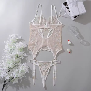 Set lenjerie intima sexy din dantela brodata cu corset , alb, 2 piese #BB4760 - Img 6