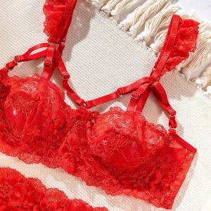 Set lenjerie intima sexy din dantela brodata cu insertii subtile aurii, rosu, 4 piese #BB4153 - Img 14