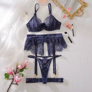 Set lenjerie intima sexy din dantelă cu broderie , albastru, 4 piese #BB4753 - Img 11