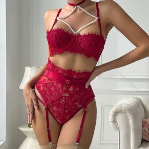 Set lenjerie intima sexy din dantelă cu perle decorative la sutien, vișiniu, 3 piese #BB4734 - Img 3