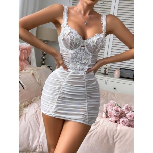Set lenjerie intima sexy din dantela elastica, cu rochie si chilot, alb, 2 piese #BB4048 - Img 5