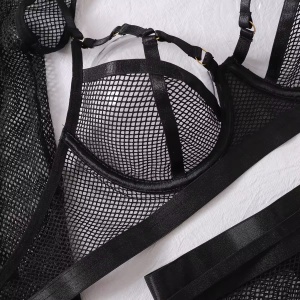 Set lenjerie intima sexy din dantela elastica tip plasa, negru, 5 piese #BB4005 - Img 11
