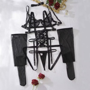 Set lenjerie intima sexy din dantela tip plasa si benzi, ciorapi inalti, negru, 5 piese #BB4396 - Img 9