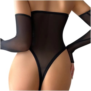 Set lenjerie intima sexy din piele ecologica, body cu fermoar si manusi lungi, negru, 2 piese #BB4266 - Img 5