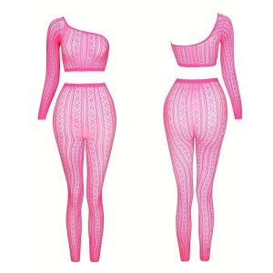 Set lenjerie intima sexy elastica, cu bluza pe un umar si colanti, roz neon, 2 piese #BB4693 - Img 2