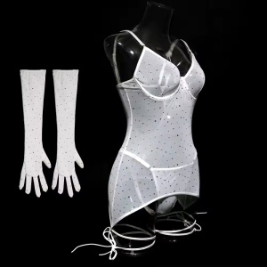 Set lenjerie intima sexy elastica cu cristale decorative si manusi lungi, alb, 3 piese #BB4628 - Img 9
