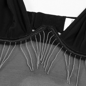 Set lenjerie intima sexy neagra cu franjuri metalice, body si manusi lungi, negru, 2 piese #BB4152 - Img 12