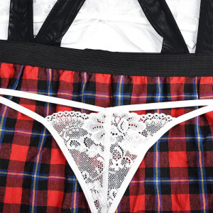 Set lenjerie intima sexy tematica scolarita cu fusta in carouri si sutien din dantela, alb/rosu, 4 piese #BB4439 - Img 11