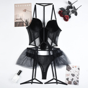 Set lenjerie sexy din catifea si tul, corset cu burete si cristale, negru, 4 piese #BB4188 - Img 7