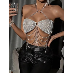 Body chain tip bustiera cu lanturi si cristale, argintiu #BB4787 - Img 5