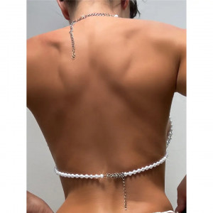 Body chain tip sutien cu lanturi argintii si perle albe #BB1142 - Img 5